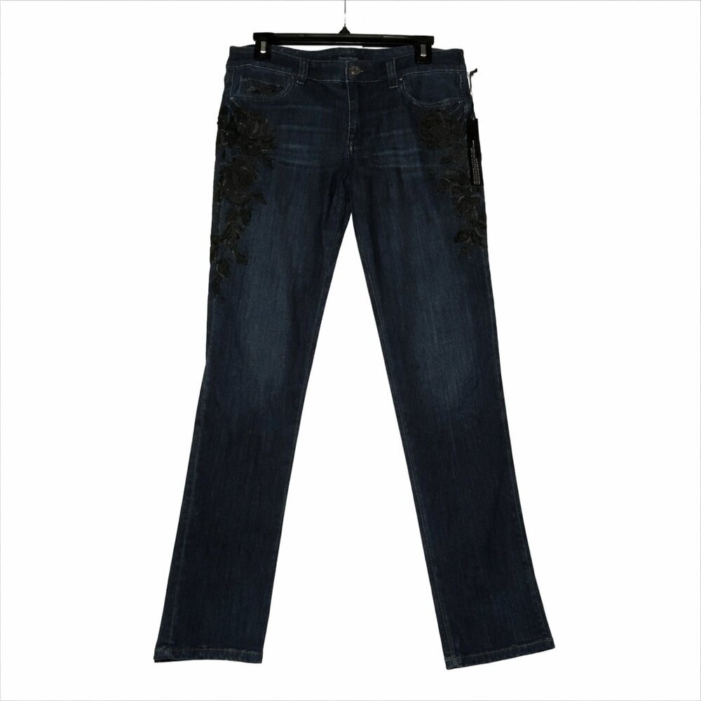 WHITE HOUSE BLACK MARKET WHBM Dark Wash Slim Leg Embroidery Jeans Size 8r